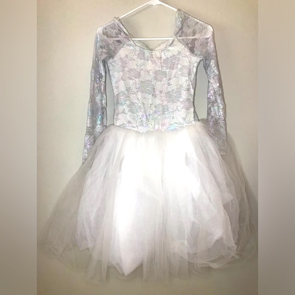 White/Silver ballet costume with long tulle skirt - Picture 3 of 5